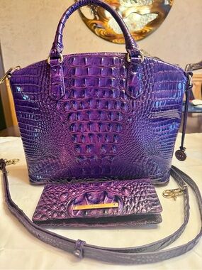 Brahmin Royal Purple medium duxbury Croc-Embossed Satchel & matching Ady wallet